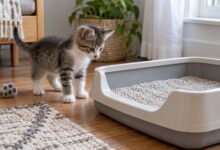 بچه‌گربه کنار ظرف خاک تمیز و کم‌ارتفاع